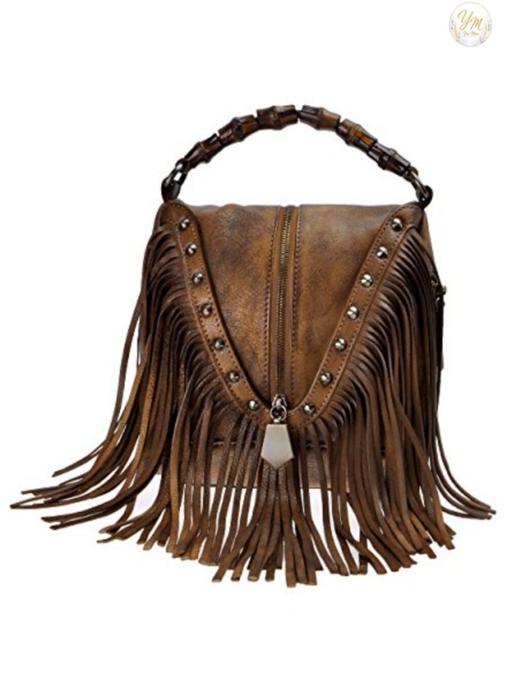 Women's Leather Fringe Crossbody Bag Boho Bamboo Handle Studded Handbag